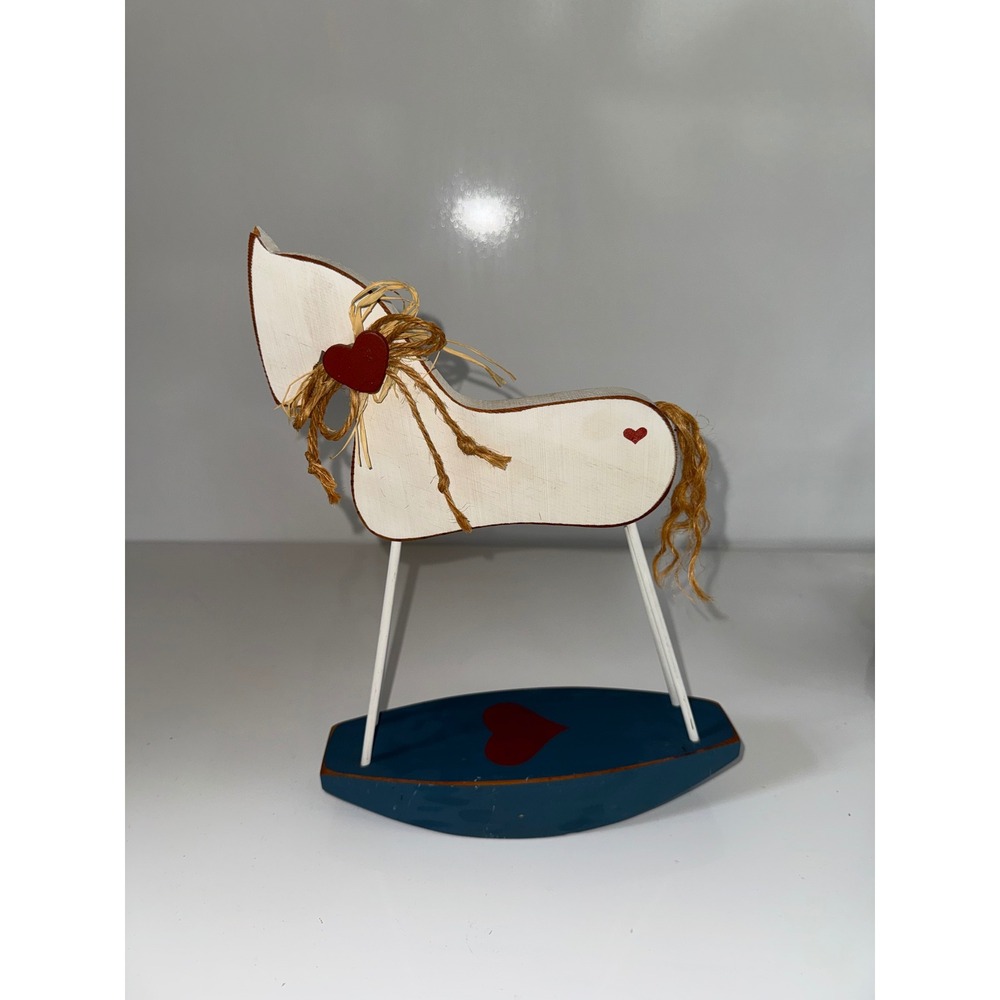 Vintage Primitive Wooden Rocking Horse Figurine Heart Decor White Blue Farmhouse